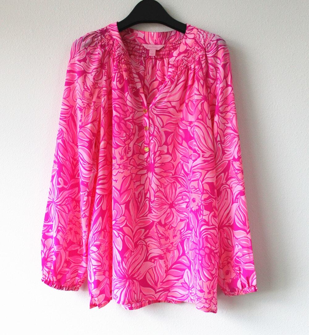 New Lilly Pulitzer Elsa Top Silk Blouse, Pink Catitude, Size XS
